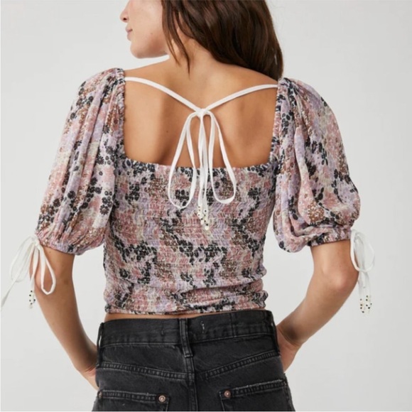 Free People Back On Top Crop Smocked Shirt Blouse Soft Combo Puff Sleeve - Picture 12 of 15